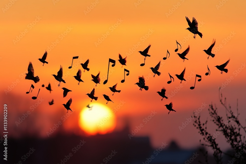 Musical notes formed by flying birds in sunset sky, golden hour lighting, silhouette detail, with copy space Musical notes formed by flying birds in sunset sky, golden hour lighting, silhouette detail, with copy space