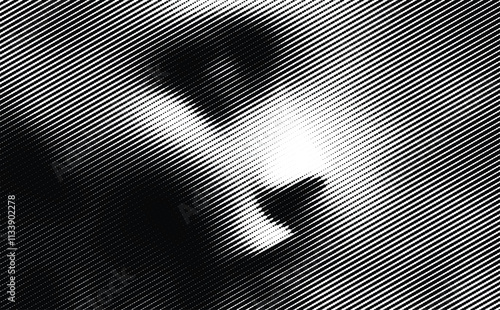 Halftone vector illustration with an abstract beautiful woman face silhouette illustration made from lines and dots. Minimalistic and fine art textured pattern. 