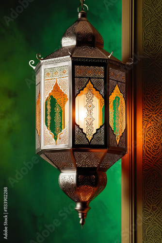 AI generative. Lantern graphic image, element greeting for islamic holiday celebration with green background. 7 photo