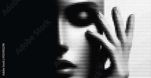 Halftone vector illustration with an abstract portrait with horizontal halftone dot lines.