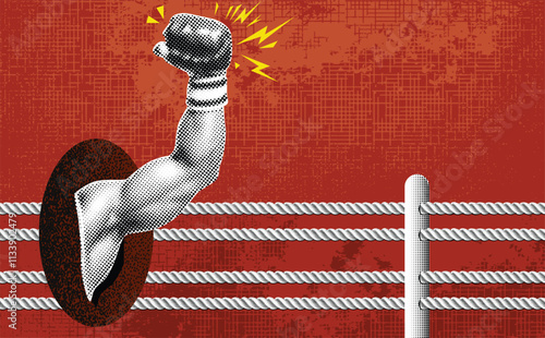 Collage vector illustration with a comic-style boxing poster featuring a dynamic halftone fist raised in a victorious pose.