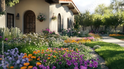 A Colorful Flower Garden Adorns a Spanish Style Home