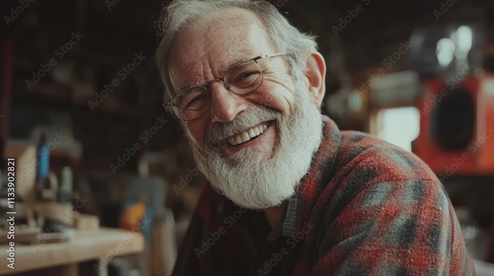 A joyful senior man working on a small woodworking project in his garage, exuding a sense of satisfaction A joyful senior man working on a small woodworking project in his garage, exuding a sense of satisfaction