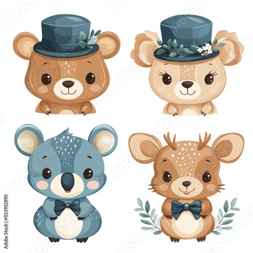 Adorable cartoon animals; deer, koala, bear cubs in hats and bow ties. photo