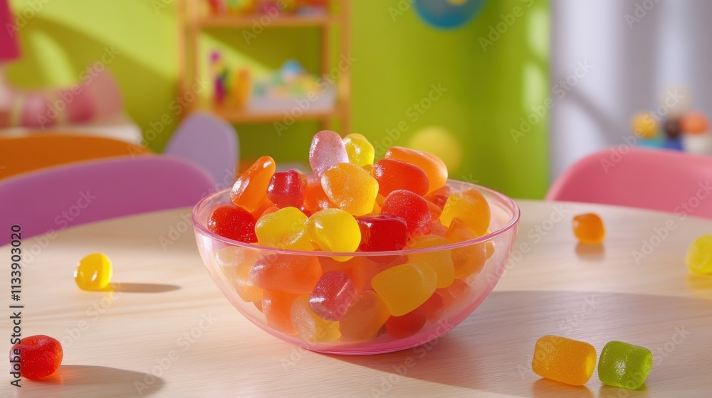 A kid-friendly fruit salad with colorful gummy fruits mixed in, placed in a small bowl on a wooden table, with cheerful decor A kid-friendly fruit salad with colorful gummy fruits mixed in, placed in a small bowl on a wooden table, with cheerful decor