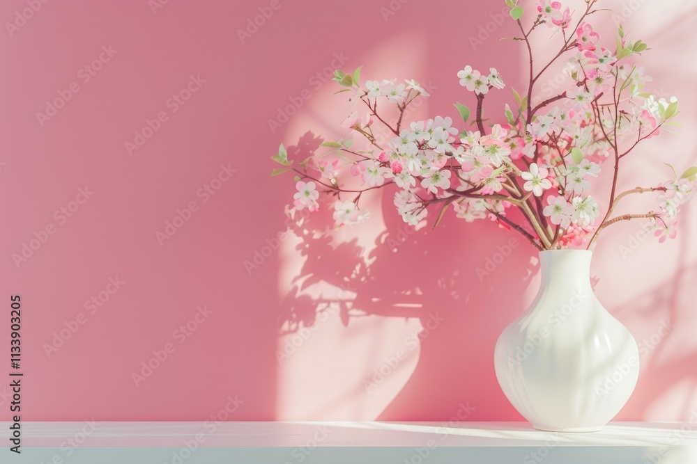 Clear Pixel Image of Mock Up Background with Vase and Flowers on White Table and Pink Wall Clear Pixel Image of Mock Up Background with Vase and Flowers on White Table and Pink Wall
