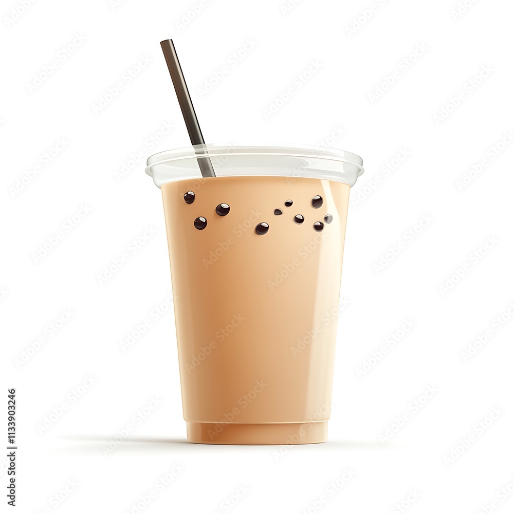 A plastic cup of milk tea with black pearls, a straw, and a lid on a white background A plastic cup of milk tea with black pearls, a straw, and a lid on a white background