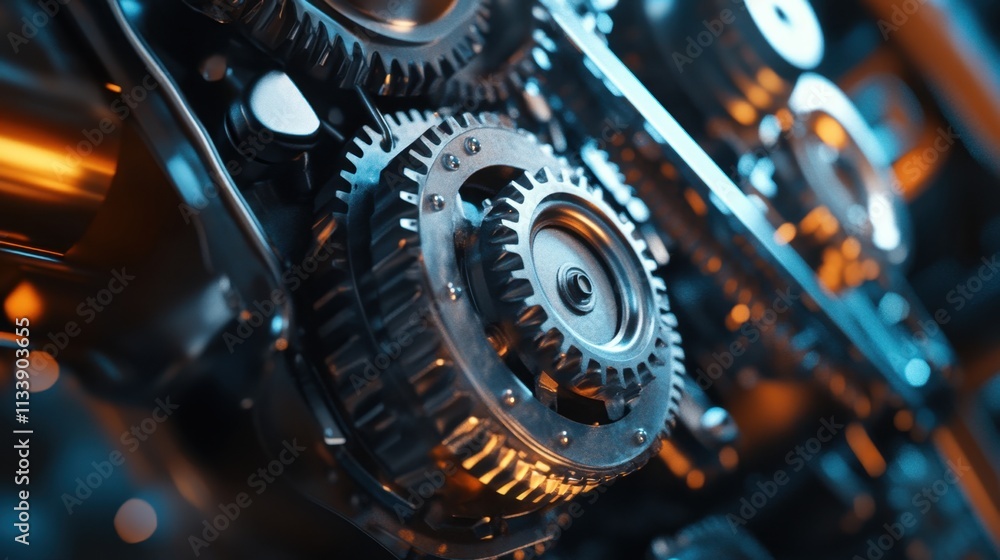 Fototapeta premium Close-Up of Industrial Gears in Motion with Soft Blue Glow