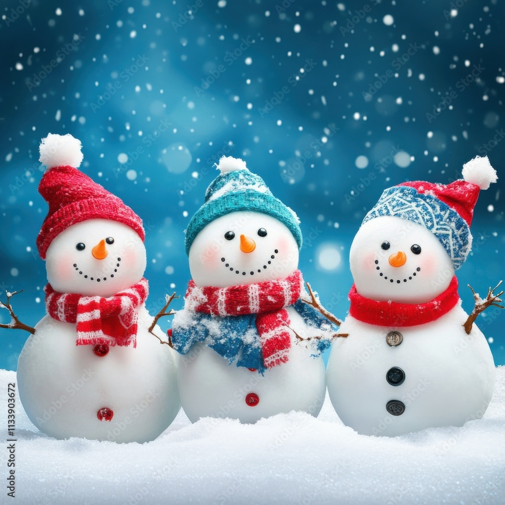 three cheerful snowmen in winter scenery three cheerful snowmen in winter scenery