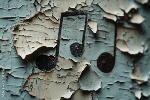 Musical notes formed by peeling paint layers, side lighting, weathered texture detail, with copy space