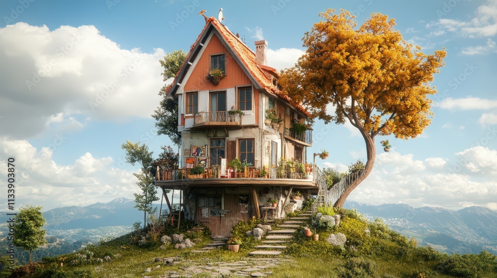 Fototapeta premium A whimsical house perched atop a mountain surrounded by nature