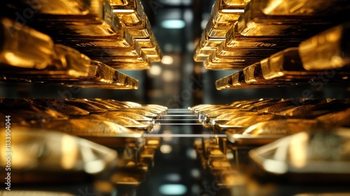 A macro perspective of gold bars stacked in a vault, with reflections highlighting their high value and purity photo