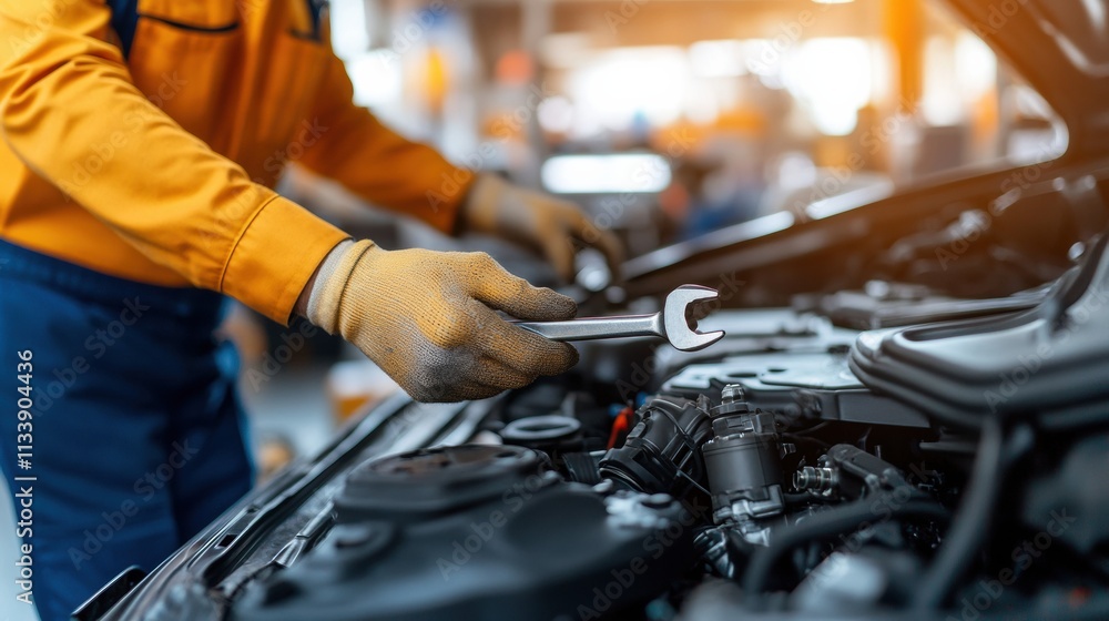 A mechanic hands holding a spanner while adjusting a car part, with a blurred garage background and detailed textures on the car components A mechanic hands holding a spanner while adjusting a car part, with a blurred garage background and detailed textures on the car components