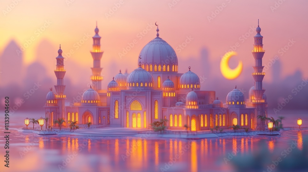 Obraz premium Illuminated mosque at sunset, reflecting on calm water.