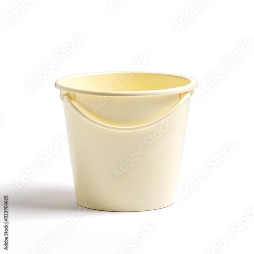 A simple children's bucket with a handle, made of light yellow plastic material.  photo