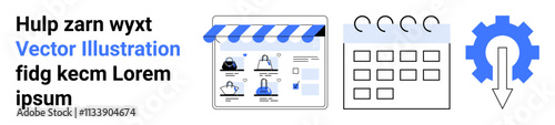 Icons of a storefront interface, calendar, and gear. Ideal for e-commerce, scheduling, business planning, online shops, appointments technical setup and marketing. Landing page