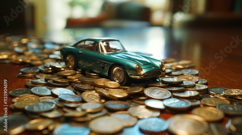 A miniature toy car driving through a trail of scattered coins on a polished table, representing economic goals photo