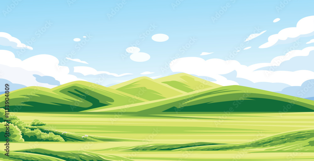 Vast green plains stretch out to meet rolling hills under a bright blue sky. Vast green plains stretch out to meet rolling hills under a bright blue sky.