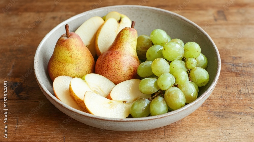 A minimalist bowl of fruit salad featuring freshly sliced apples, pears, and green grapes on a clean wooden tabletop A minimalist bowl of fruit salad featuring freshly sliced apples, pears, and green grapes on a clean wooden tabletop