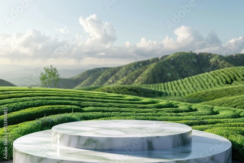 High Quality Image of Modern Podium with Green Tea Field Background photo