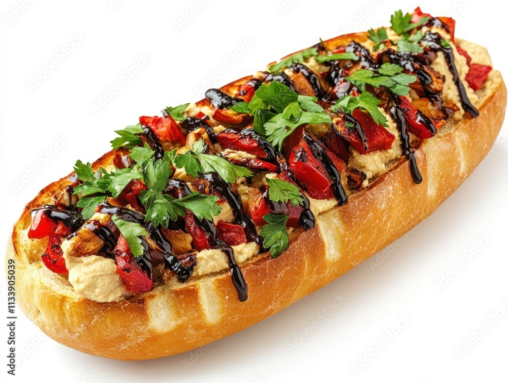 A delicious sandwich topped with grilled peppers, herbs, and balsamic drizzle. A delicious sandwich topped with grilled peppers, herbs, and balsamic drizzle.