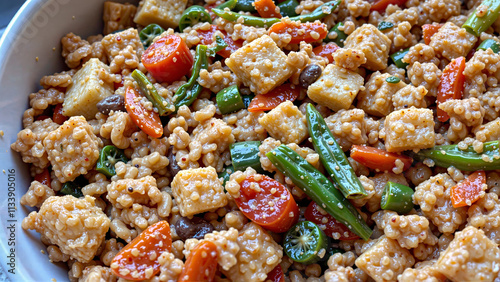 Close-up of flavorful quinoa salad with mixed vegetables and tofu, healthy dish