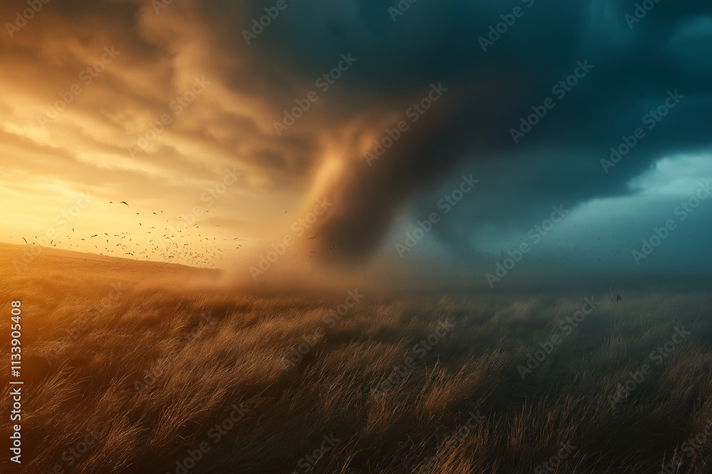 Tornado In Stormy Landscape, Climate Change And Natural Disaster Concept Tornado In Stormy Landscape, Climate Change And Natural Disaster Concept