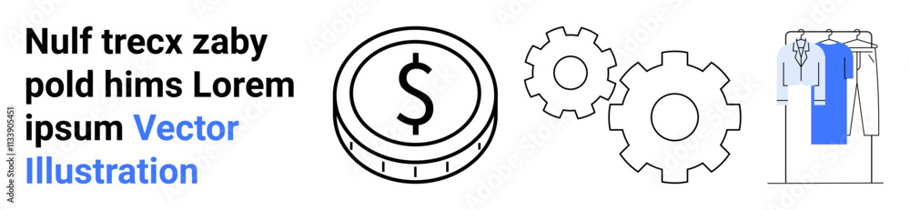 Gear wheels beside a dollar coin symbolize industrial and financial growth. Clothing rack with shirts represents the retail market. Ideal for finance, industry, retail, economy, commerce Gear wheels beside a dollar coin symbolize industrial and financial growth. Clothing rack with shirts represents the retail market. Ideal for finance, industry, retail, economy, commerce