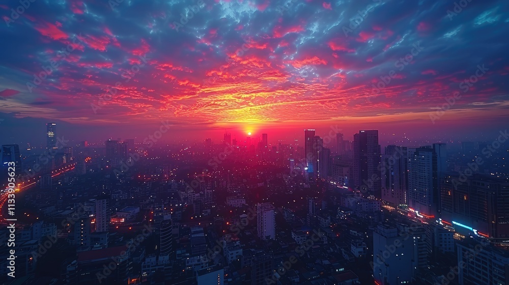 Fototapeta premium Aerial view of a city skyline from a rooftop at sunset, capturing the city lights and buildings against the colorful sky, urban environment, cinematic lighting