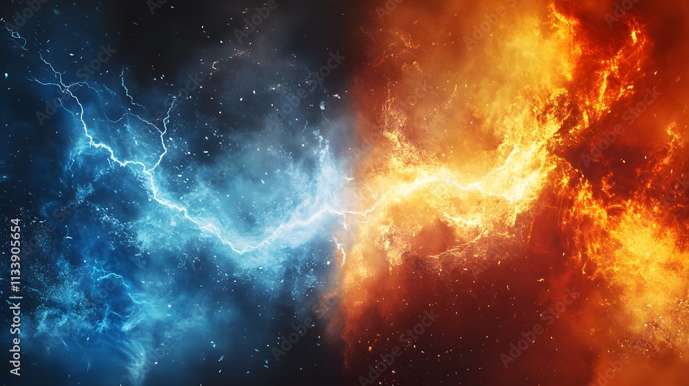 Fototapeta premium Fiery Inferno Collides With Icy Lightning Storm