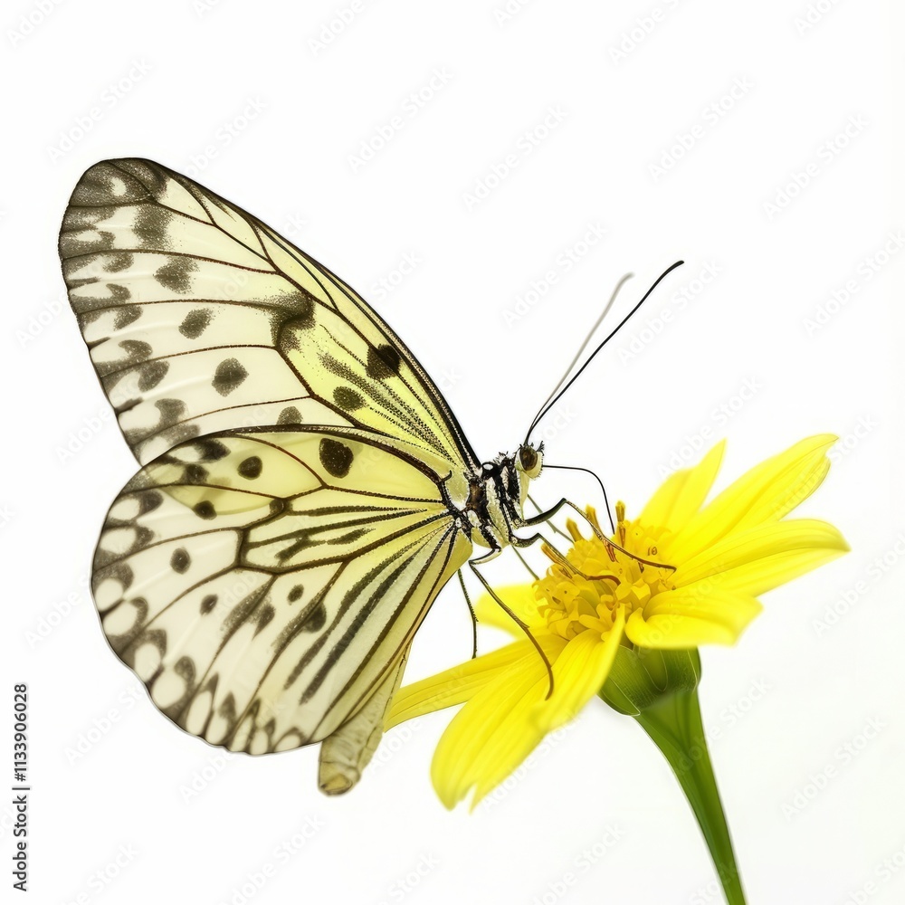 Obraz premium A beautiful butterfly landing on a flower, isolated in white, white background