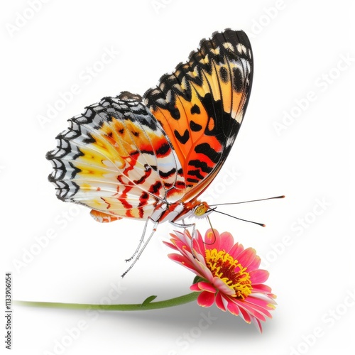 A beautiful butterfly landing on a flower, isolated in white, white background photo