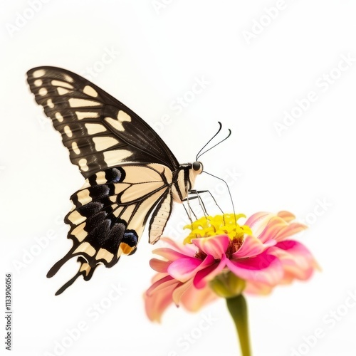 A beautiful butterfly landing on a flower, isolated in white, white background photo