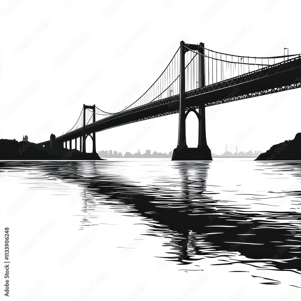 Black and white illustration of a suspension bridge spanning a body of water with a cityscape in the background. Black and white illustration of a suspension bridge spanning a body of water with a cityscape in the background.