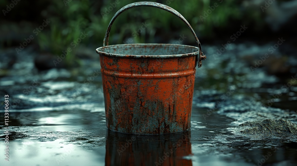 Rusty Bucket by the River: A Serene Nature Scene Rusty Bucket by the River: A Serene Nature Scene