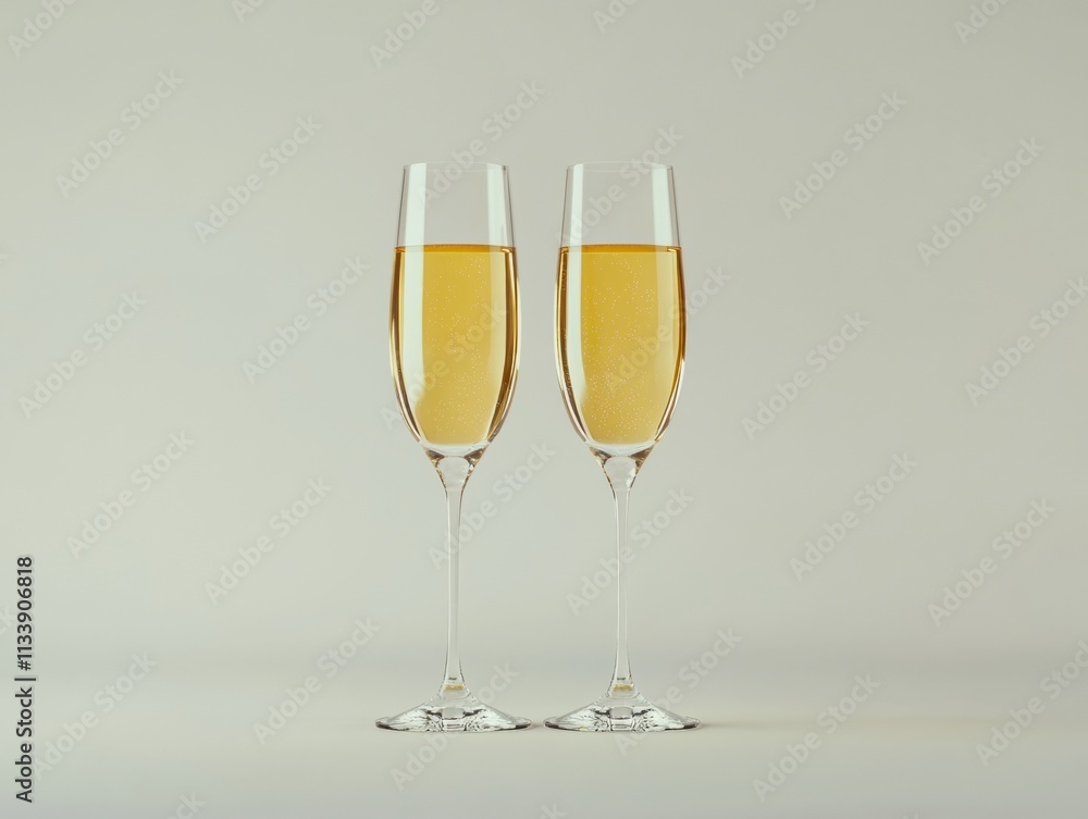 A pair of stylish champagne flutes, sparkling with golden champagne, positioned elegantly on a white background, radiating simplicity and celebration A pair of stylish champagne flutes, sparkling with golden champagne, positioned elegantly on a white background, radiating simplicity and celebration