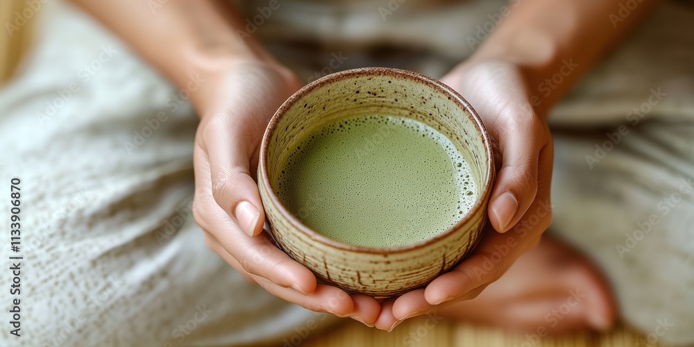  Person holding a bowl of matcha green tea, close-up, wellness, mindfulness, healthy lifestyle, relaxation, zen, tea ceremony