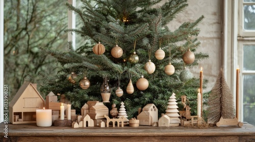 Wooden Christmas Village Scene with Decorated Tree photo