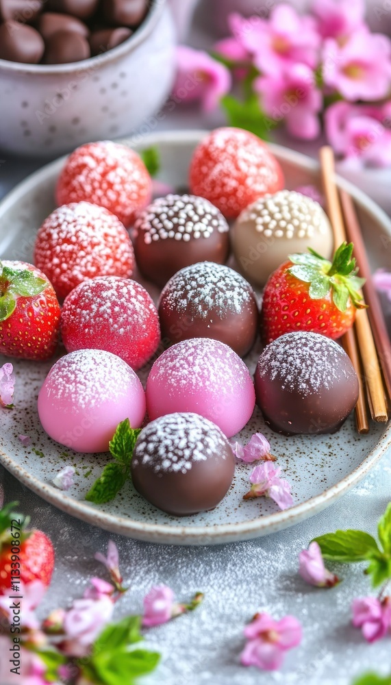 A vibrant plate of chocolate truffles and strawberries, decorated with flowers and chopsticks. A vibrant plate of chocolate truffles and strawberries, decorated with flowers and chopsticks.
