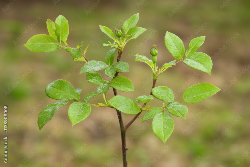 Pruned rose bush with new growth, soft diffused light, leaf bud details, with copy space Pruned rose bush with new growth, soft diffused light, leaf bud details, with copy space