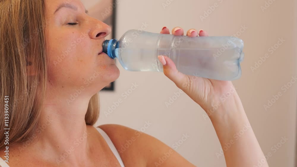 Woman in room near window drinks water reflecting fatigue after hard day personal problems or health problems Concept emphasizes problems of maintaining hydration and personal comfort health problems Woman in room near window drinks water reflecting fatigue after hard day personal problems or health problems Concept emphasizes problems of maintaining hydration and personal comfort health problems