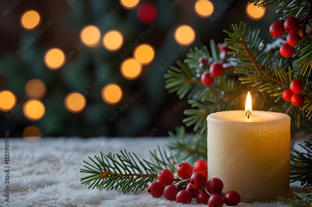 A lit candle on a background of Christmas decorations.