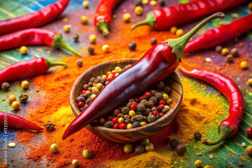 A vibrant red chili pepper stands out against a colorful abstract background A vibrant red chili pepper stands out against a colorful abstract background