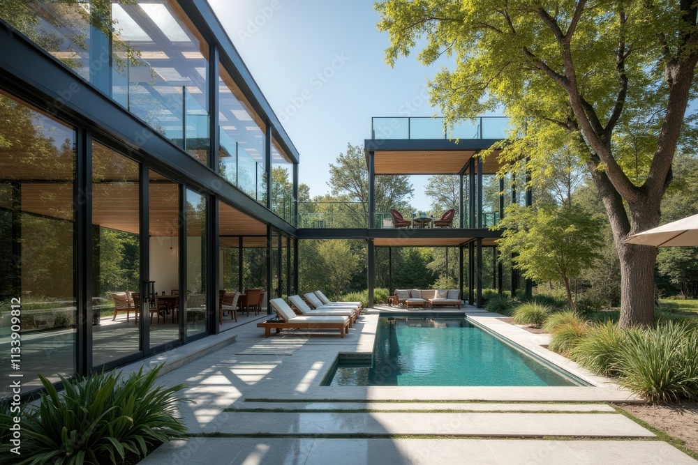 Modern Glass House with Pool Surrounded by Lush Greenery Modern Glass House with Pool Surrounded by Lush Greenery