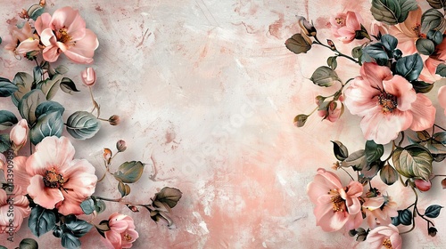 a pink flower with green leaves on a pink background photo