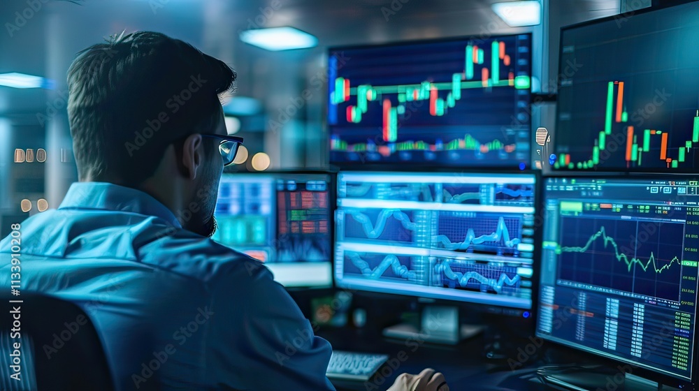 Stockbrokers trading on a bustling floor with monitors displaying stock prices.