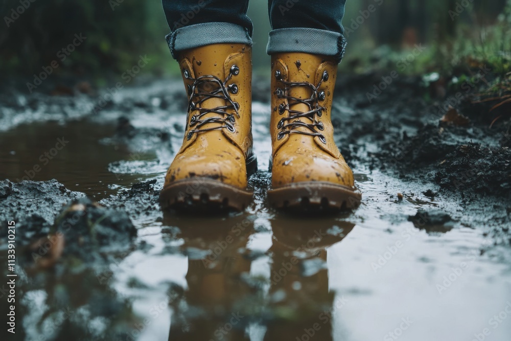 Spring boots in muddy puddle, overcast natural light, splash details, with copy space Spring boots in muddy puddle, overcast natural light, splash details, with copy space