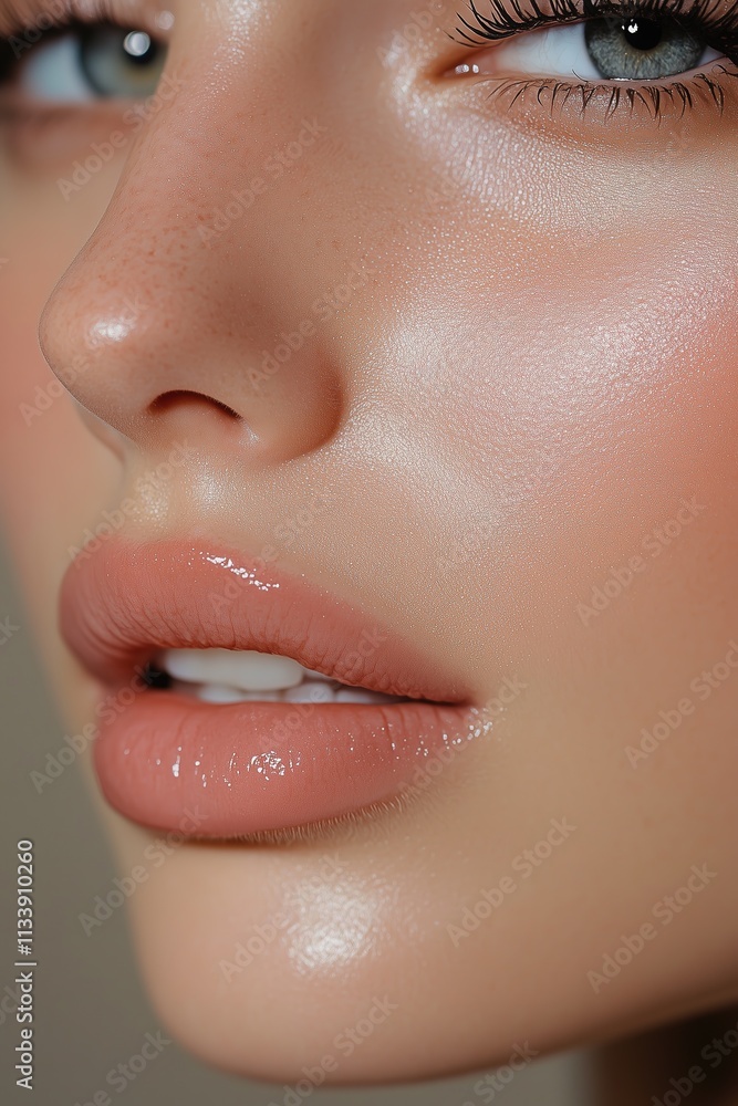 Close-up of a Woman's Face with Glowing Skin, Full Lips, and Subtle Makeup Close-up of a Woman's Face with Glowing Skin, Full Lips, and Subtle Makeup