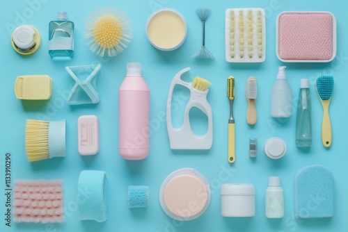 Spring cleaning supplies flatlay, natural overhead light, product details, with copy space photo