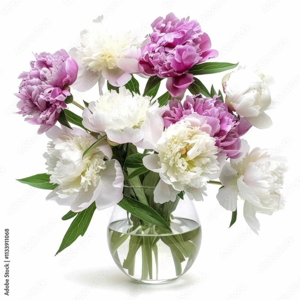 Fototapeta premium A beautiful peony bouquet in a vase, isolated in white, white background